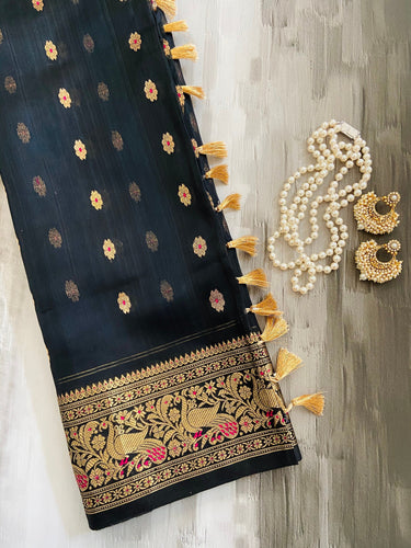 Chanderi Silk saree | Black | Handwoven | Silk Mark | Ships from California